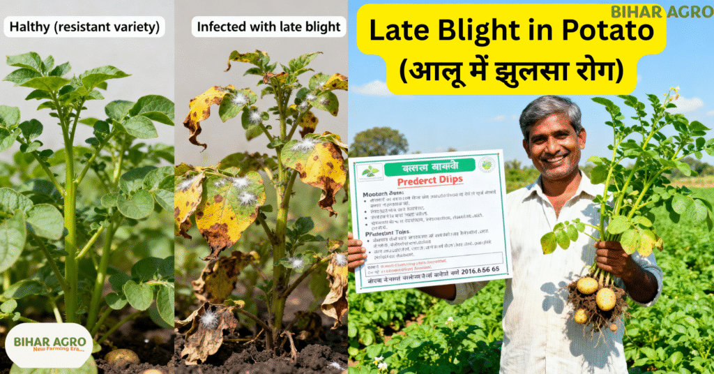 Late Blight in Potato, लेट ब्लाइट रोग, आलू का झुलसा रोग, आलू की फसल में रोग, आलू रोग नियंत्रण, Late blight treatment, Organic control in potato, Resistant potato varieties, Potato fungicide spray, Disease-free potato seeds,