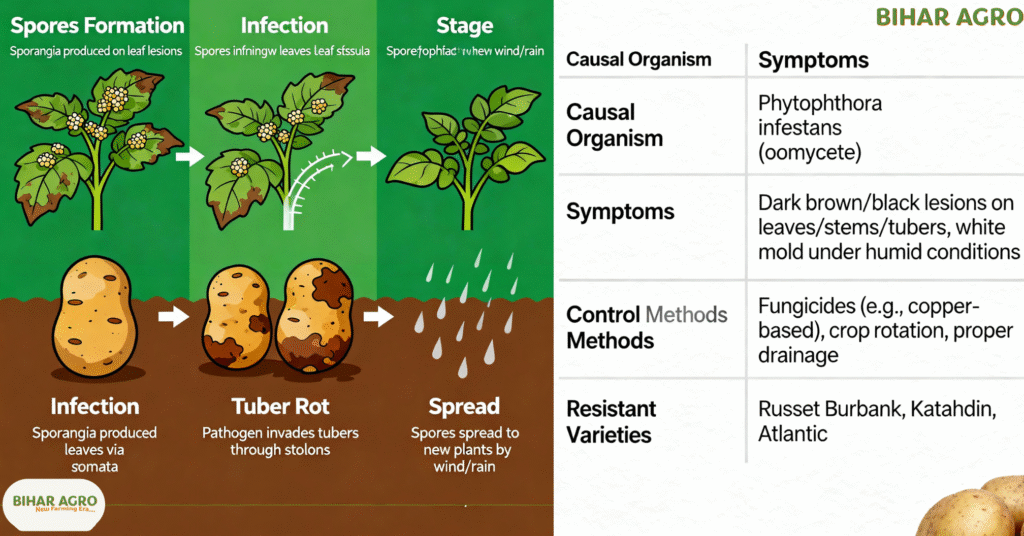 Late Blight in Potato, लेट ब्लाइट रोग, आलू का झुलसा रोग, आलू की फसल में रोग, आलू रोग नियंत्रण, Late blight treatment, Organic control in potato, Resistant potato varieties, Potato fungicide spray, Disease-free potato seeds,