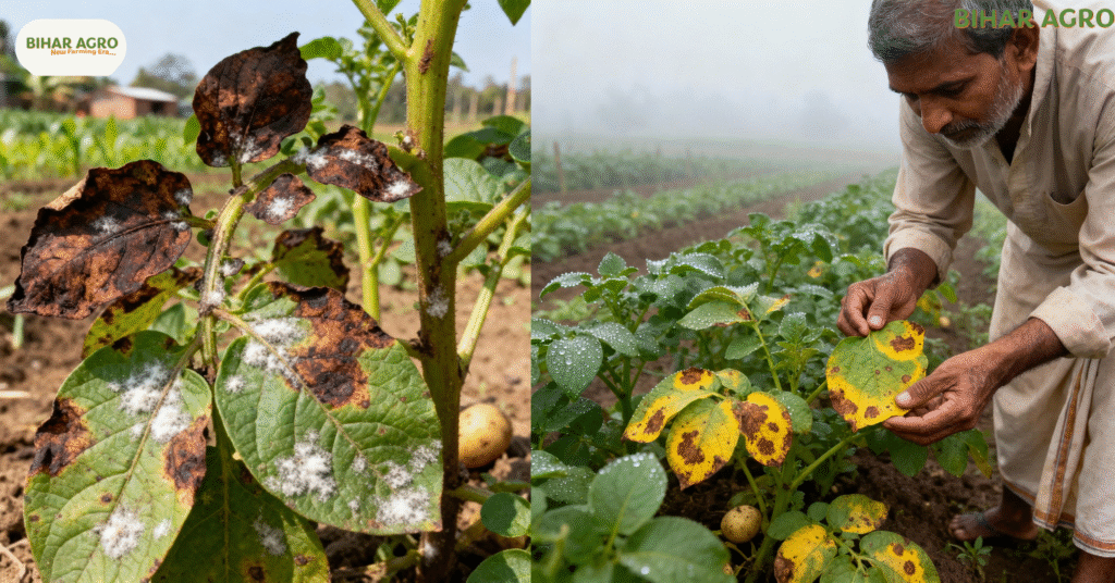 Late Blight in Potato, लेट ब्लाइट रोग, आलू का झुलसा रोग, आलू की फसल में रोग, आलू रोग नियंत्रण, Late blight treatment, Organic control in potato, Resistant potato varieties, Potato fungicide spray, Disease-free potato seeds,