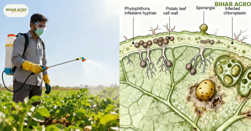 Late Blight in Potato, लेट ब्लाइट रोग, आलू का झुलसा रोग, आलू की फसल में रोग, आलू रोग नियंत्रण, Late blight treatment, Organic control in potato, Resistant potato varieties, Potato fungicide spray, Disease-free potato seeds,