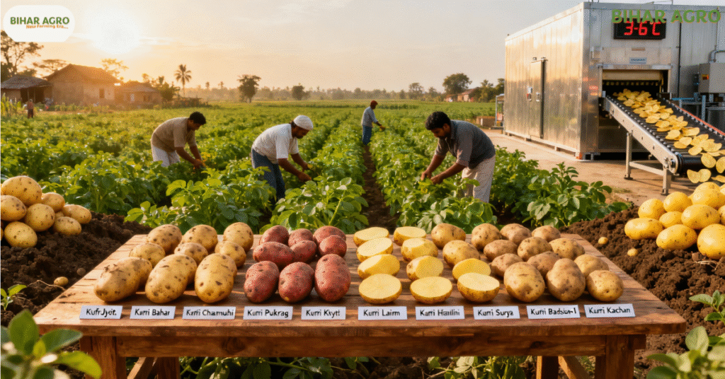 potato varieties in India, आलू की किस्में, best potato variety, improved potato variety, potato farming in India, kufri pukhraj, kufri bahar, lady rosetta, high yield potato, potato chip variety, processing potato, potato research india