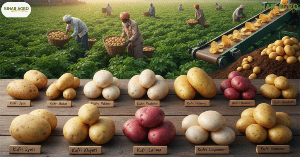potato varieties in India, आलू की किस्में, best potato variety, improved potato variety, potato farming in India, kufri pukhraj, kufri bahar, lady rosetta, high yield potato, potato chip variety, processing potato, potato research india