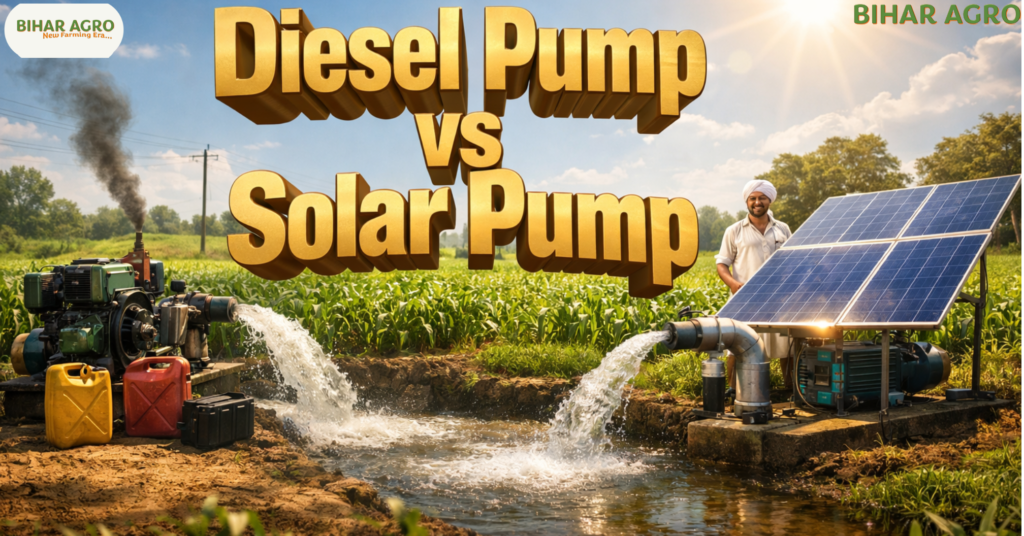 Diesel Pump vs Solar Pump, Solar water pump price, PM-KUSUM yojana, irrigation cost analysis, solar pump subsidy, diesel engine price, farming tips in Hindi, solar pump ROI, water pump for agriculture, kisan yojana, सोलर पंप सब्सिडी, डीजल पंप बनाम सोलर पंप, सिंचाई के साधन,