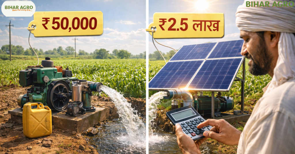 Diesel Pump vs Solar Pump, Solar water pump price, PM-KUSUM yojana, irrigation cost analysis, solar pump subsidy, diesel engine price, farming tips in Hindi, solar pump ROI, water pump for agriculture, kisan yojana, सोलर पंप सब्सिडी, डीजल पंप बनाम सोलर पंप, सिंचाई के साधन,