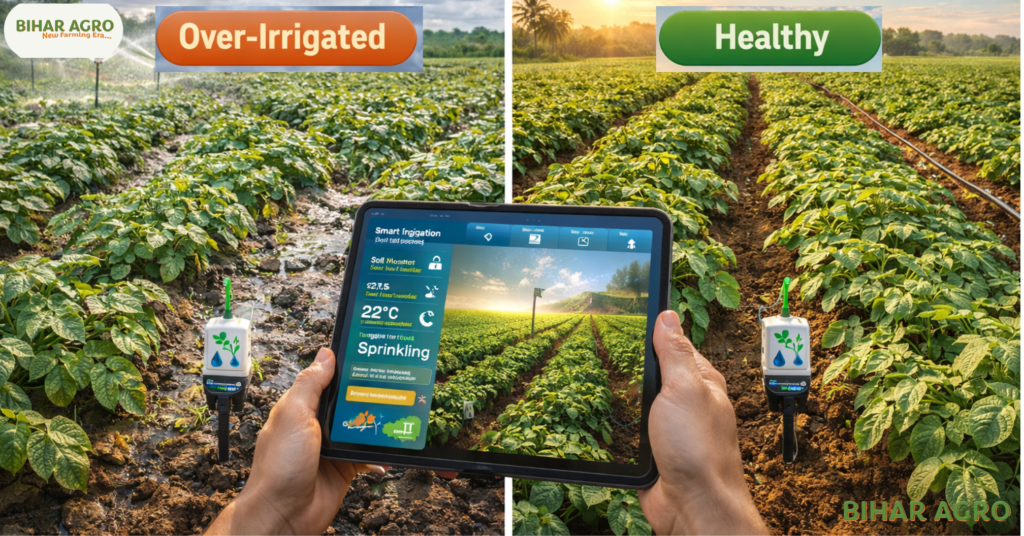 आलू की सिंचाई (Potato Irrigation), आलू की खेती, सिंचाई का समय, ड्रिप सिंचाई, आधुनिक खेती, आलू की पैदावार, कंद विकास, खेती के तरीके, Potato Farming Tips, Irrigation Schedule,