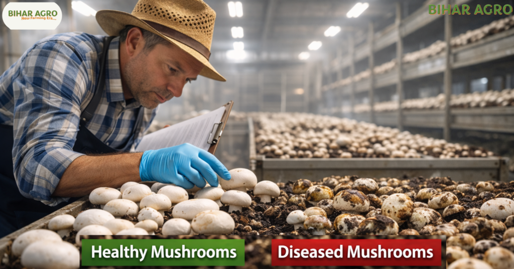 मशरूम के रोग और रोकथाम, Mushroom Diseases and Prevention, मशरूम की खेती, Green Mold Treatment, Mushroom Farming Tips, Bihar Agro, Mushroom Diseases in Hindi, Wet Bubble Disease, Dry Bubble Disease, Mushroom Pest Control,