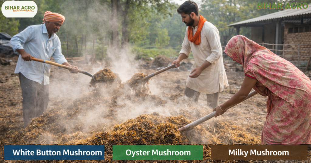 मशरूम की खेती, Mushroom Farming, Mushroom Farming in Hindi, बटन मशरूम, ऑयस्टर मशरूम, मशरूम की खेती कैसे करें, Mushroom Farming Cost, Bihar Agro, Mushroom Cultivation, कृषि, किसान, ज्यादा मुनाफा वाली खेती, Mushroom Subsidy,