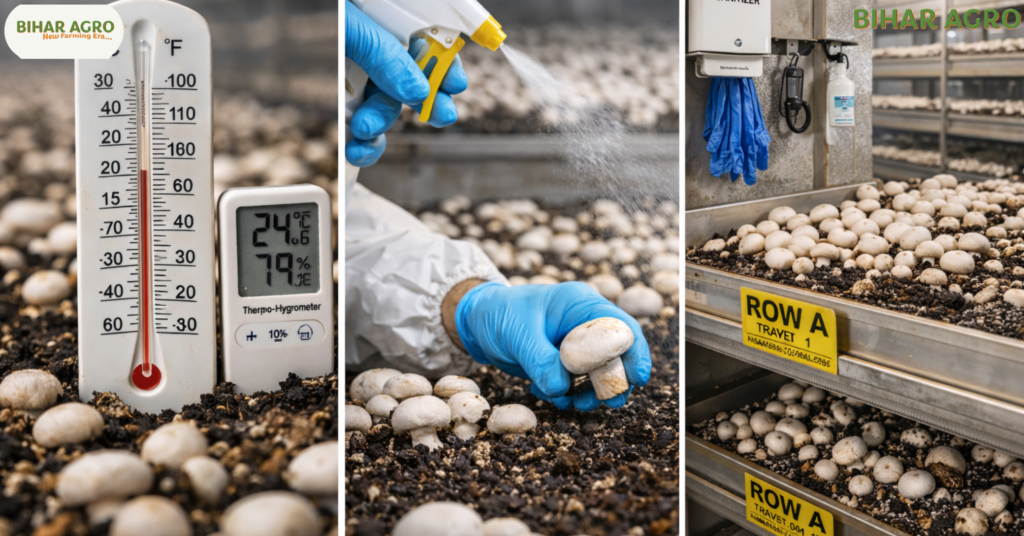 मशरूम के रोग और रोकथाम, Mushroom Diseases and Prevention, मशरूम की खेती, Green Mold Treatment, Mushroom Farming Tips, Bihar Agro, Mushroom Diseases in Hindi, Wet Bubble Disease, Dry Bubble Disease, Mushroom Pest Control,