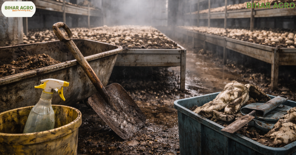 मशरूम के रोग और रोकथाम, Mushroom Diseases and Prevention, मशरूम की खेती, Green Mold Treatment, Mushroom Farming Tips, Bihar Agro, Mushroom Diseases in Hindi, Wet Bubble Disease, Dry Bubble Disease, Mushroom Pest Control,