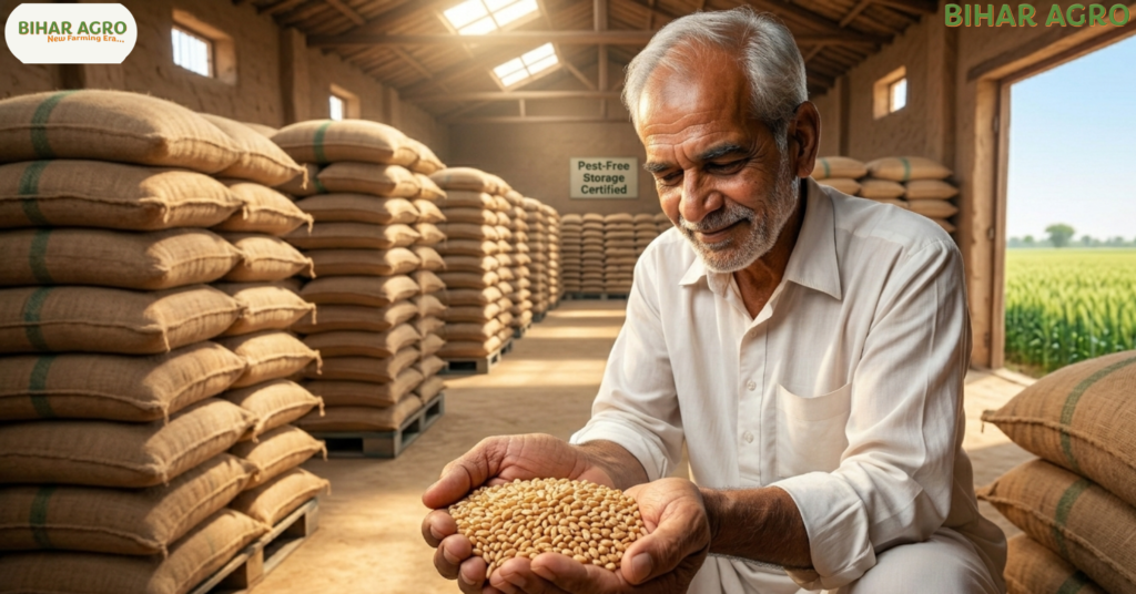 गेहूँ का भंडारण कैसे करें, wheat storage techniques, safe grain storage, farming tips in Hindi, Bihar Agro, ghun se gehu ko kaise bachaye, How to Store Wheat,