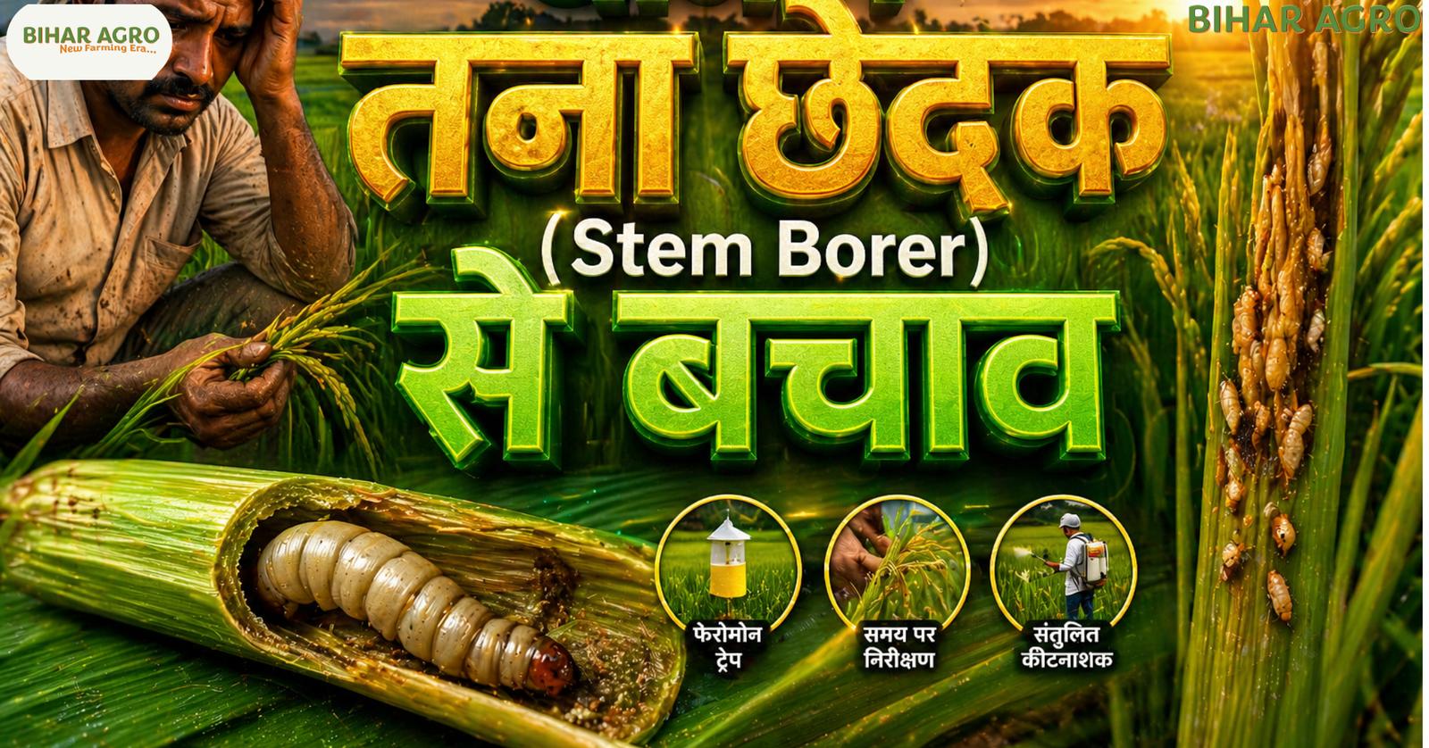 धान में तना छेदक, Stem Borer, धान के रोग, जैविक उपचार, रासायनिक उपचार, paddy pest control, तना छेदक की रोकथाम, Bihar Agro, agriculture tips, yellow stem borer, Stem Borer control in rice, rice pest control, धान कीट नियंत्रण, stem borer treatment,