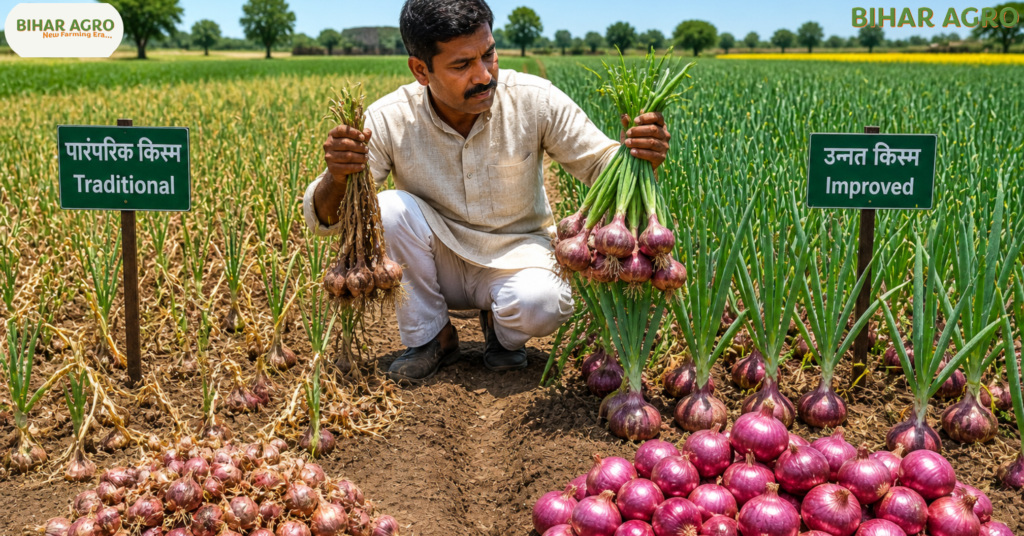 प्याज की उन्नत किस्में, Improved Varieties of Onion, onion farming India, high yield onion varieties, onion seeds India, Onion farming profit per acre, high yield onion varieties, commercial onion cultivation, onion seed price India, Agriculture business ideas India, खरीफ प्याज, रबी प्याज, खेती की तकनीक, Bihar Agro, Onion farming guide,