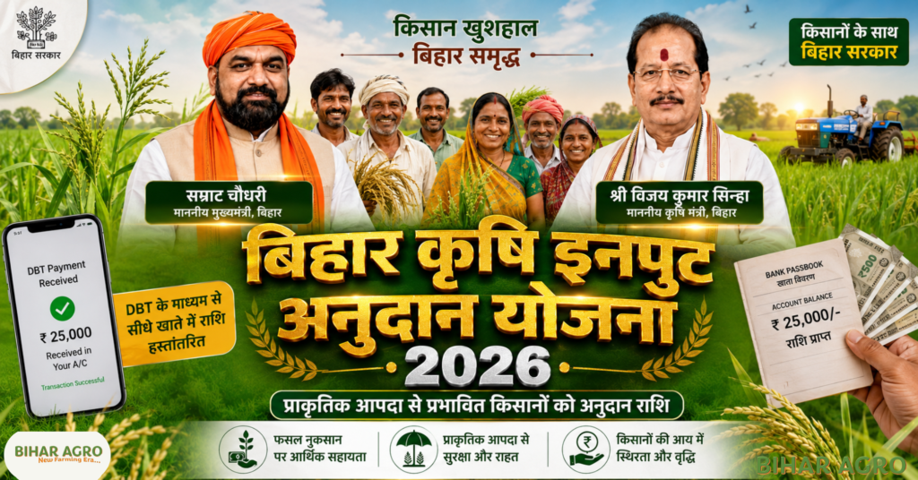 bihar agriculture news, Bihar Krishi Input Anudan List, crop damage compensation, Crop Loss Compensation, Kisan News Bihar, Krishi Input Anudan Yojana Bihar, Krishi Input Subsidy, Sarkari Yojana Bihar, ओलावृष्टि फसल क्षति सहायता, कृषि इनपुट अनुदान योजना, कृषि इनपुट सब्सिडी, प्राकृतिक आपदा मुआवजा, फसल क्षति का मुआवजा, फसल नुकसान का मुआवजा, फसल नुकसान मुआवजा बिहार, बिहार किसान योजना, बिहार किसान समाचार, मुख्यमंत्री सम्राट चौधरी, Bihar Krishi Input Anudan Yojana 2026, बिहार कृषि इनपुट सब्सिडी योजना 2026,