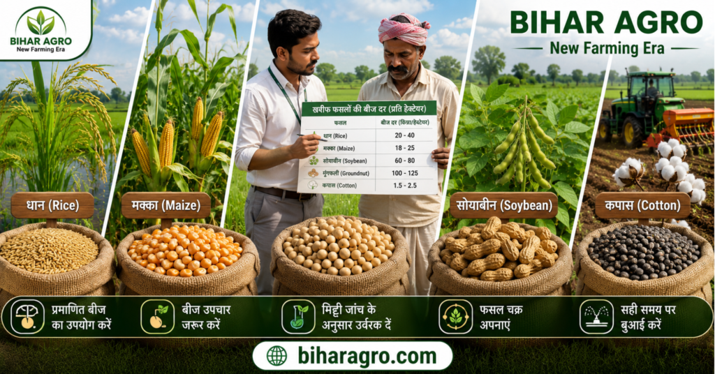 Kharif Crops Sowing Time and Seed Rate, खरीफ फसलों की बुवाई का सही समय और बीज दर, खरीफ फसलों की बुवाई का सही समय, Kharif Crops Sowing Time, खरीफ फसलों की बीज दर, Kharif Seed Rate, धान की बीज दर, Rice Seed Rate per Hectare, मक्का की बीज दर, Maize Seed Rate, सोयाबीन बीज दर, Soybean Seed Rate, मूंगफली बीज दर, Groundnut Seed Rate, खरीफ फसल बुवाई गाइड, खरीफ खेती 2026, मानसून में बुवाई, धान की रोपाई का समय, खरीफ फसल उत्पादन, कृषि सलाह किसानों के लिए, प्रमाणित बीज का उपयोग, Seed Treatment in Agriculture, Kharif Farming Tips, खरीफ सीजन खेती,