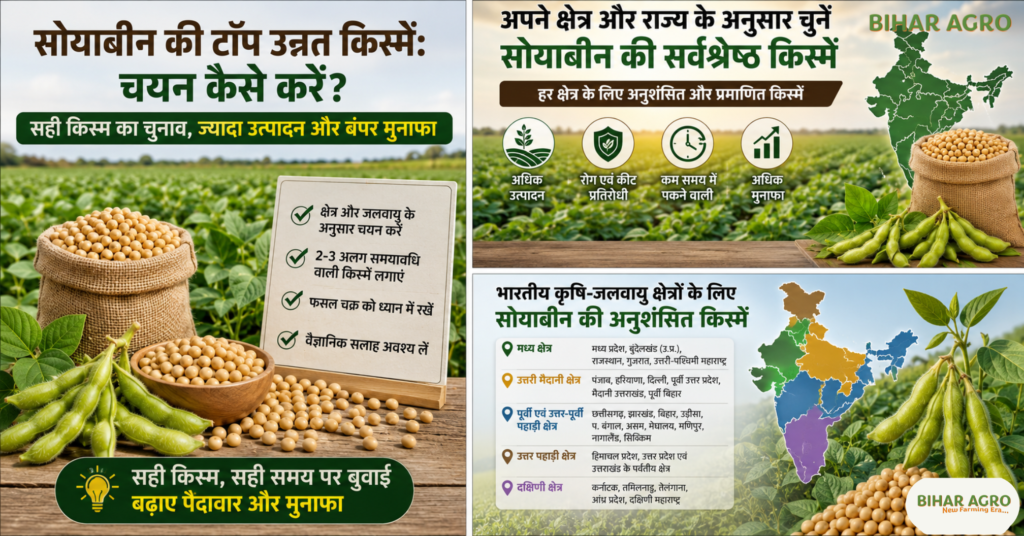 खरीफ सीजन 2026 में सोयाबीन की खेती, Soybean Farming 2026, सोयाबीन की नई उन्नत किस्में, Soybean New Varieties 2026, सोयाबीन की टॉप किस्में, Soybean Seed Varieties, हाई यील्ड सोयाबीन किस्में, सोयाबीन की खेती से बंपर कमाई, Best Soybean Varieties for Farmers, Soybean Farming in India, खरीफ फसल 2026, Soybean Cultivation Guide, राज्यवार सोयाबीन किस्में, Soybean Production Technology, उन्नत सोयाबीन बीज, Soybean cultivation in the Kharif season of 2026,