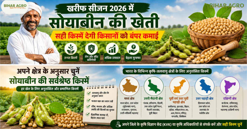 खरीफ सीजन 2026 में सोयाबीन की खेती, Soybean Farming 2026, सोयाबीन की नई उन्नत किस्में, Soybean New Varieties 2026, सोयाबीन की टॉप किस्में, Soybean Seed Varieties, हाई यील्ड सोयाबीन किस्में, सोयाबीन की खेती से बंपर कमाई, Best Soybean Varieties for Farmers, Soybean Farming in India, खरीफ फसल 2026, Soybean Cultivation Guide, राज्यवार सोयाबीन किस्में, Soybean Production Technology, उन्नत सोयाबीन बीज, Soybean cultivation in the Kharif season of 2026,