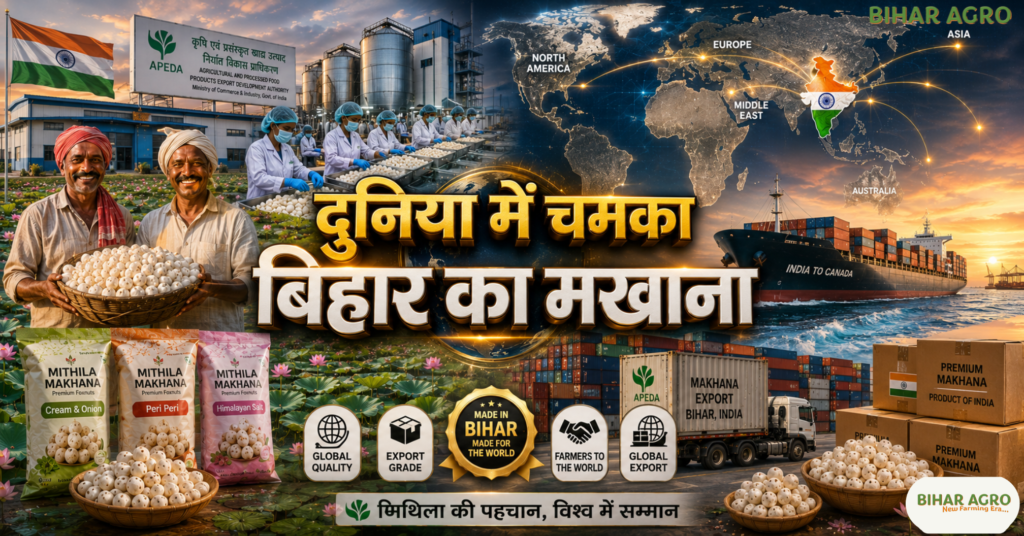 Bihar Makhana Export Canada 2026, Darbhanga Makhana Export, APEDA Makhana Export, Bihar Foxnuts Export, Makhana Export News, Mithila Makhana, Canada Makhana Import, Bihar Agriculture News, Flavoured Makhana Export, Bihar Makhana Farmers,
