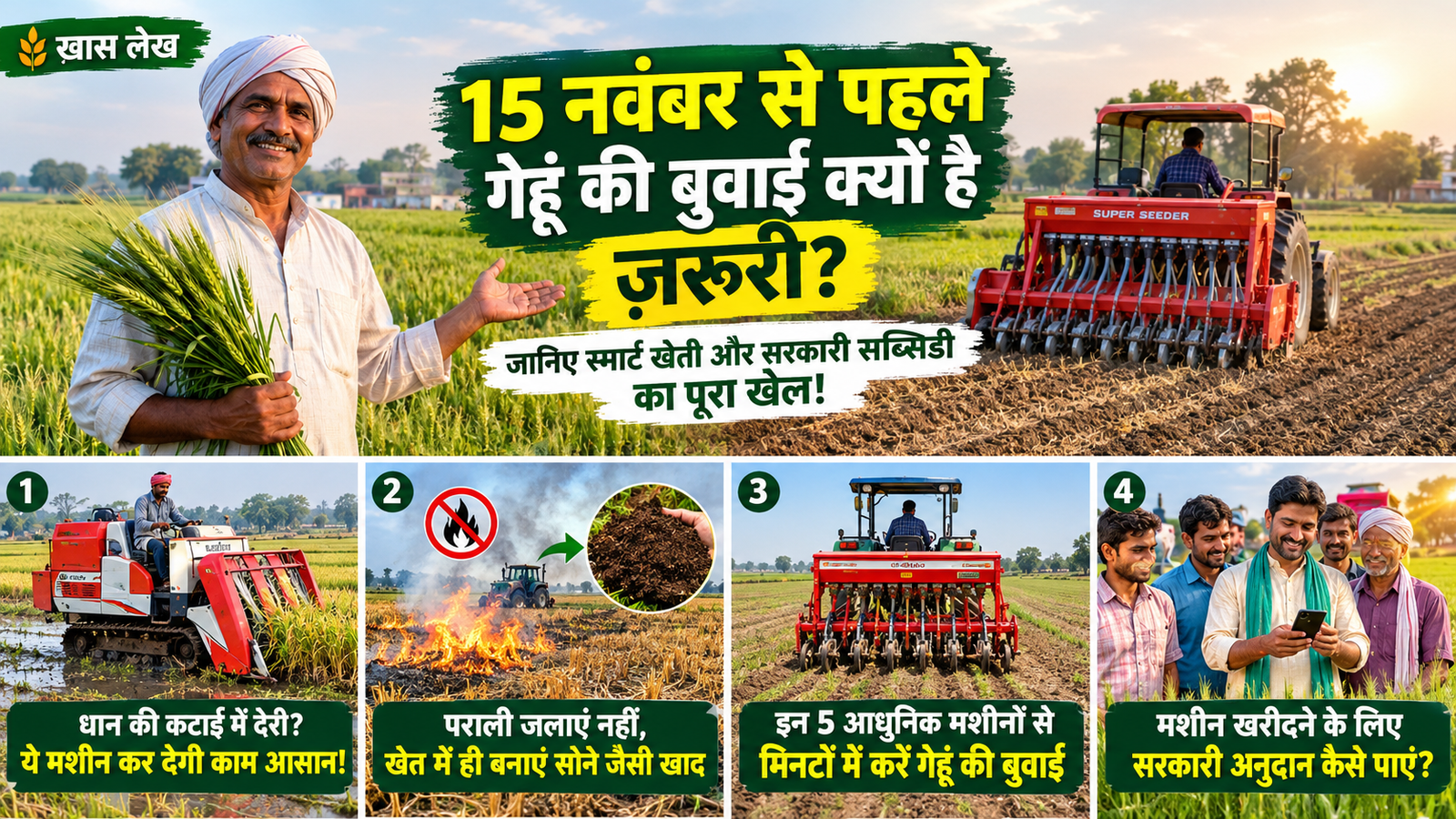 Timely wheat sowing, गेहूं की समय पर बुवाई, 15 नवंबर से पहले गेहूं की बुवाई, सुपर सीडर मशीन, जीरो टिलेज से खेती, OFMAS पोर्टल बिहार, स्मार्ट खेती तकनीक, पराली प्रबंधन, कस्टम हायरिंग सेंटर,